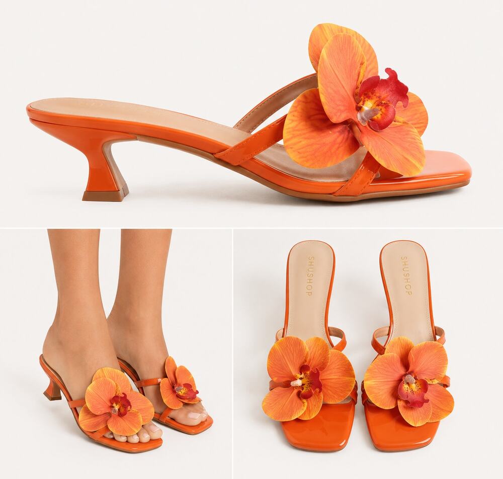 New SHUSHOP Grace Orange Orchid Flower Heels EU 38 US 8